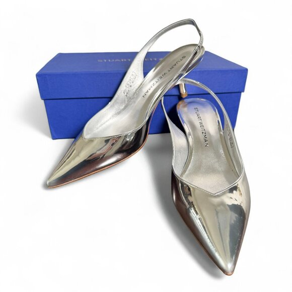 Stuart Weitzman Eva 50 Silver Heels 9B – New in Box + Dust Bag - Picture 1 of 14